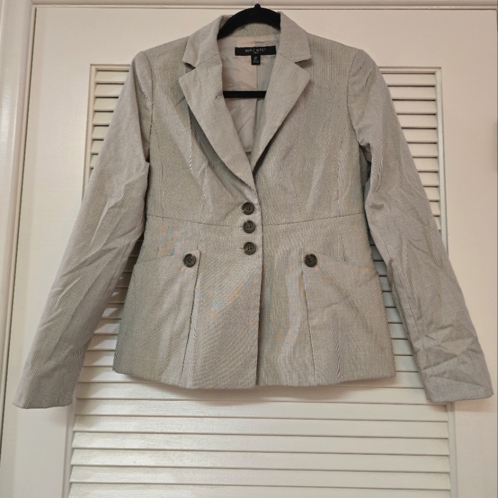 Nine West - (Petite) Grey & White Striped Business Casual Office Blazer Jacket